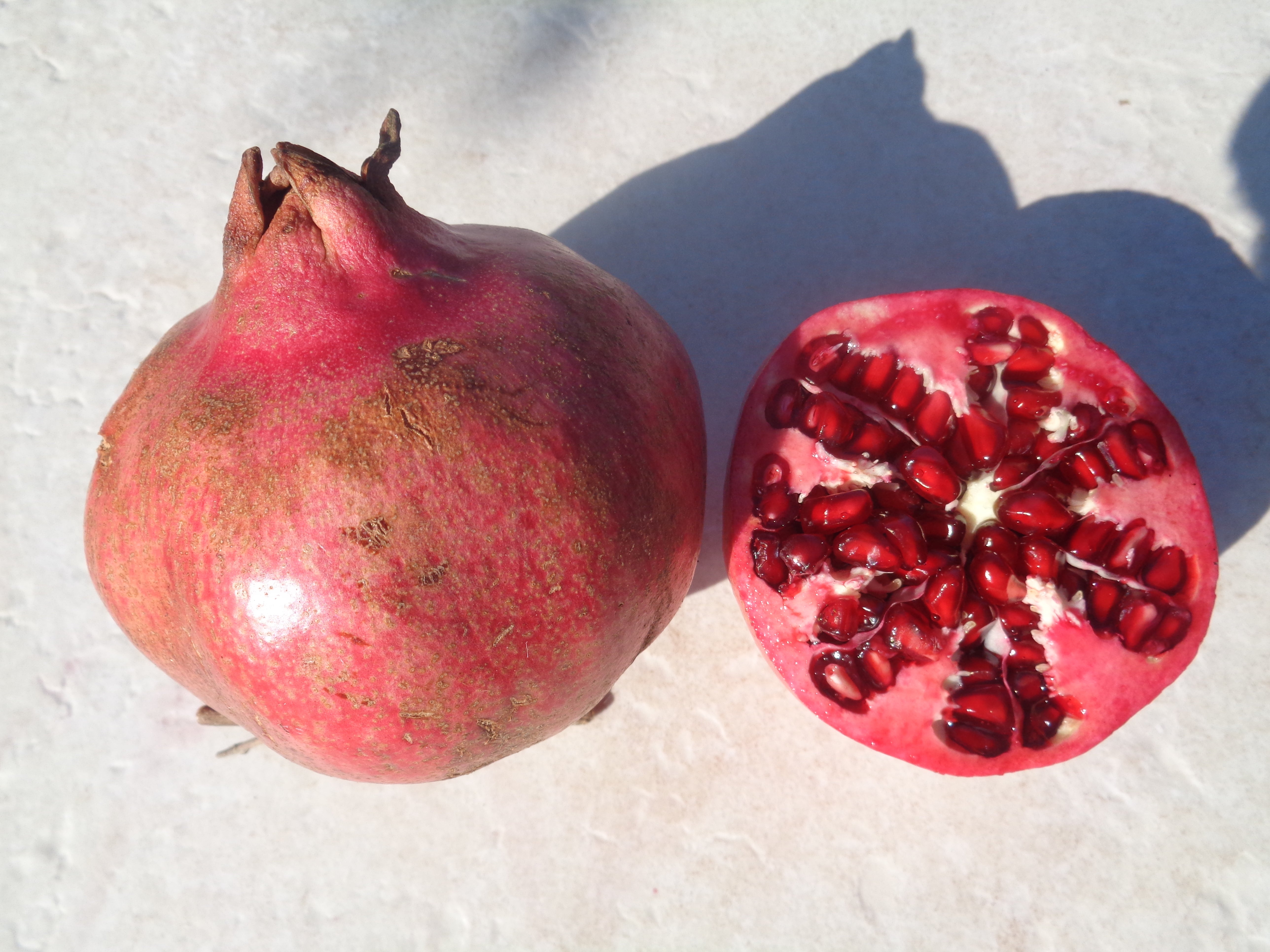 Granatapfel der Sorte Desertnyi mit roter Schale und dunkelroten Kernen